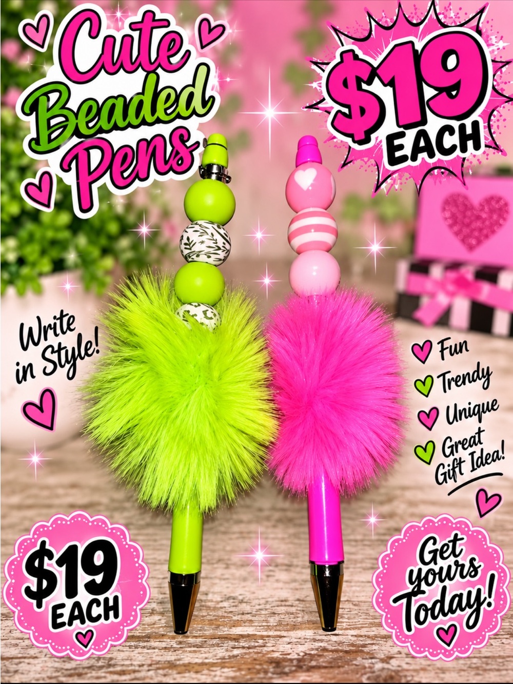 Handmade Fluffy Bead Top Pen - Pink and Neon Green $19 Each 🦩
